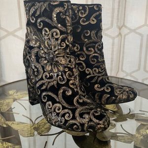 Black with Gold sparkle heel boots with flowers